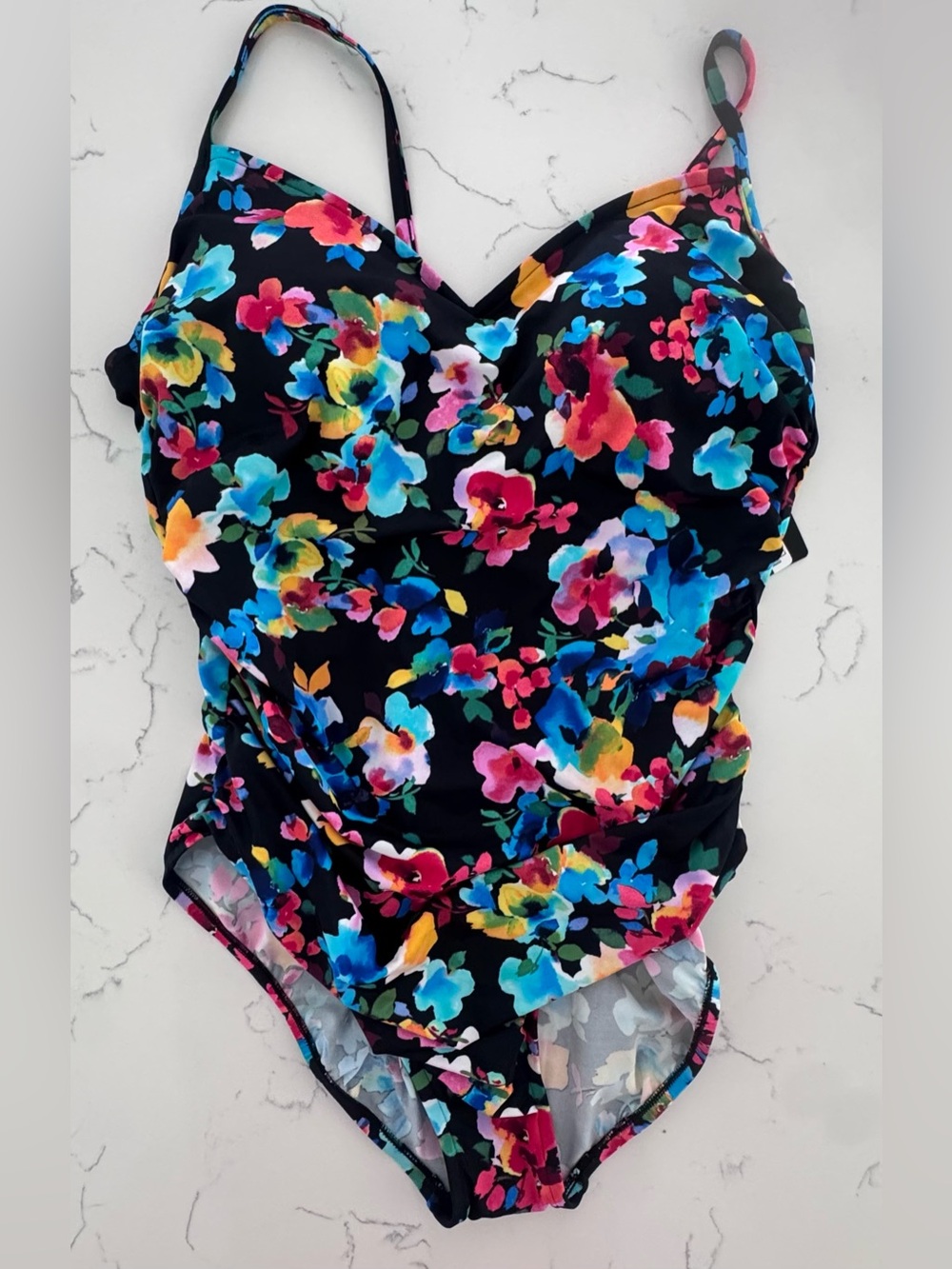 Aqua Green One Piece Swimsuit XL NWT Black Floral UPF 50 Cutout Wrap Swim - Picture 2 of 9